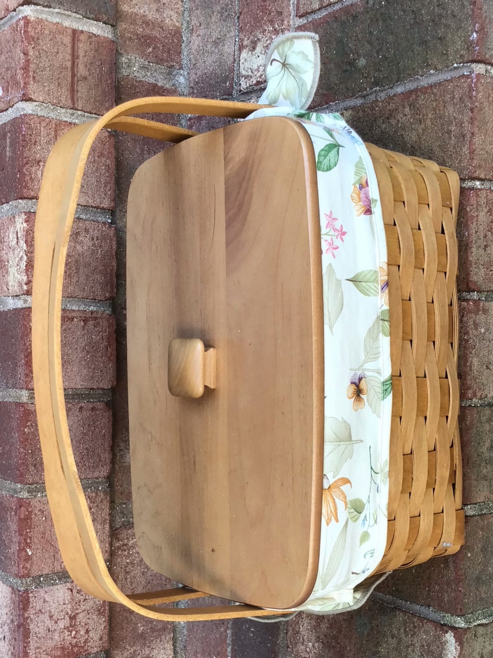 Longaberger woven basket w/ dual swing handles, lid, liner, and protector